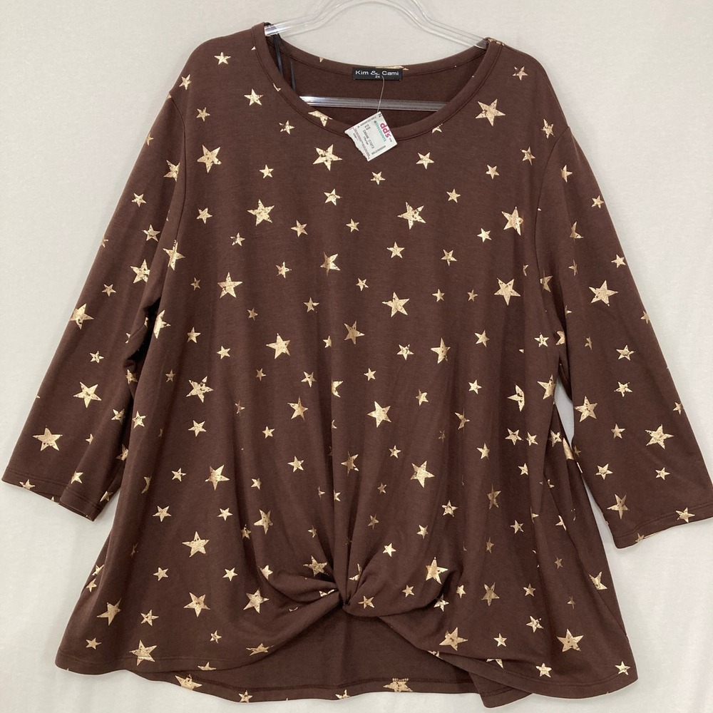 New Kim & Cami Star Print Twist Front Top 2X Brown Gold Metallic Stretch Knit
